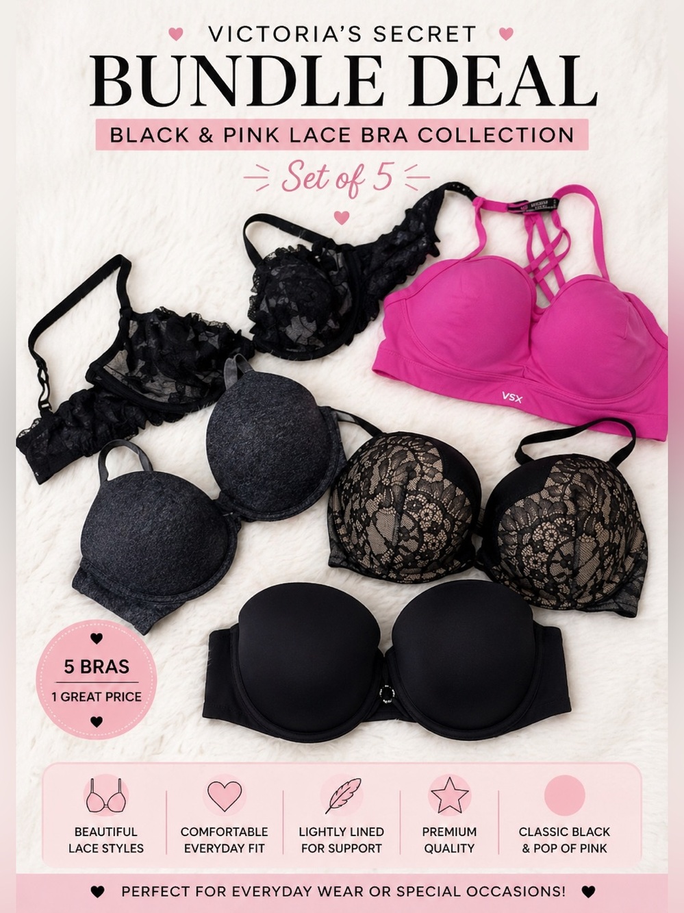 Bundle Deal*  Victoria's Secret Black and Pink Lace Bra Collection Set of 5